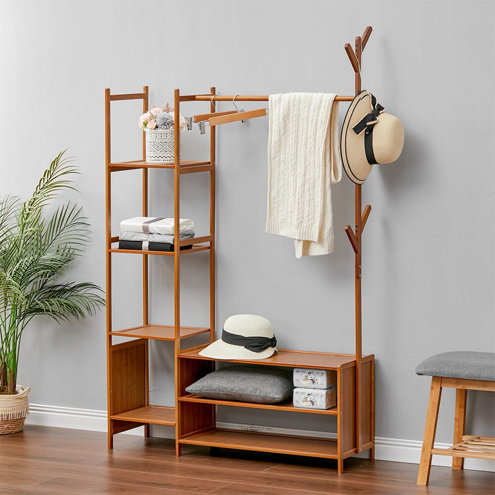 Freestanding Bamboo Clothes Rack with Storage Shelves Living and Home