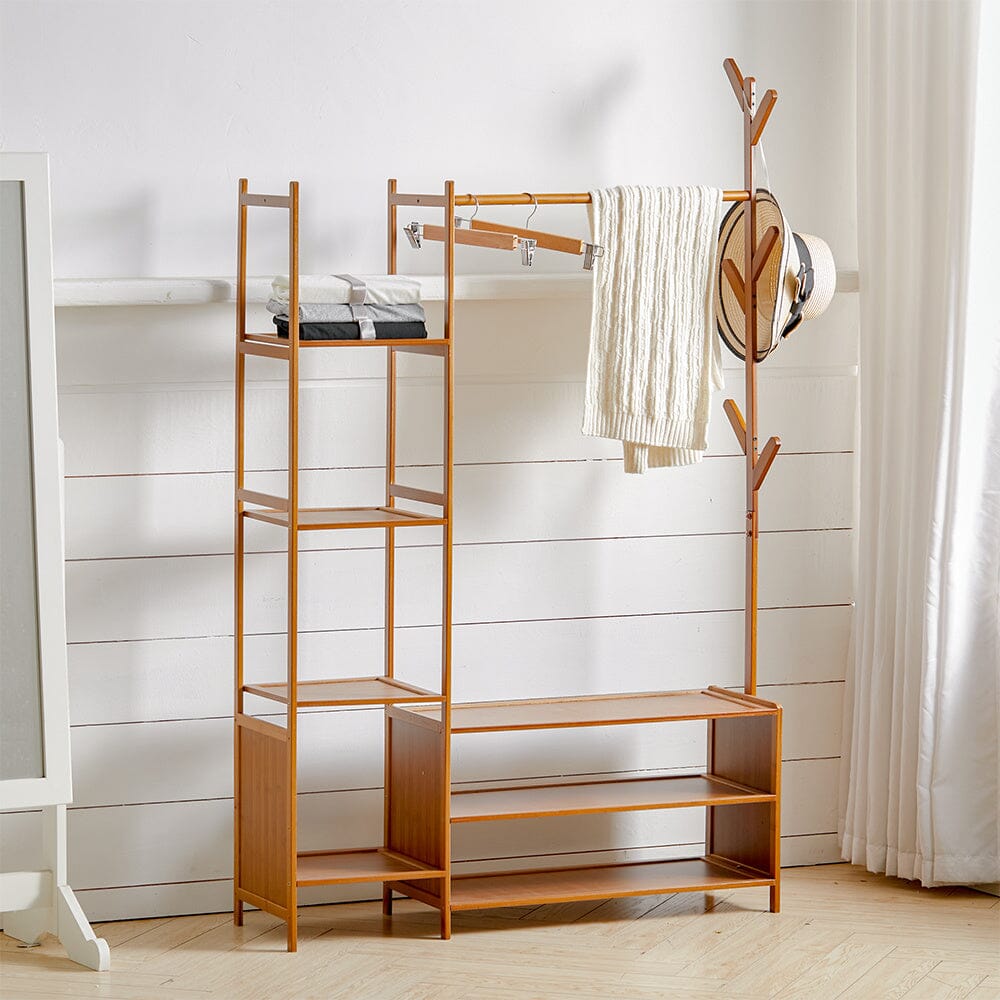 Freestanding Bamboo Clothes Rack with Storage Shelves Living and Home