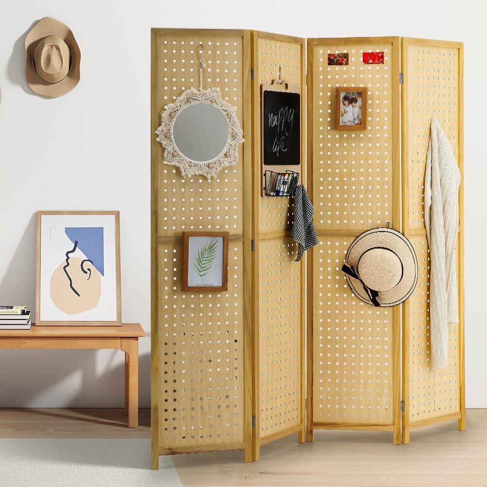 Natural Wood Round-Hole Screen with Four Panels in Paulownia Wood Living and Home