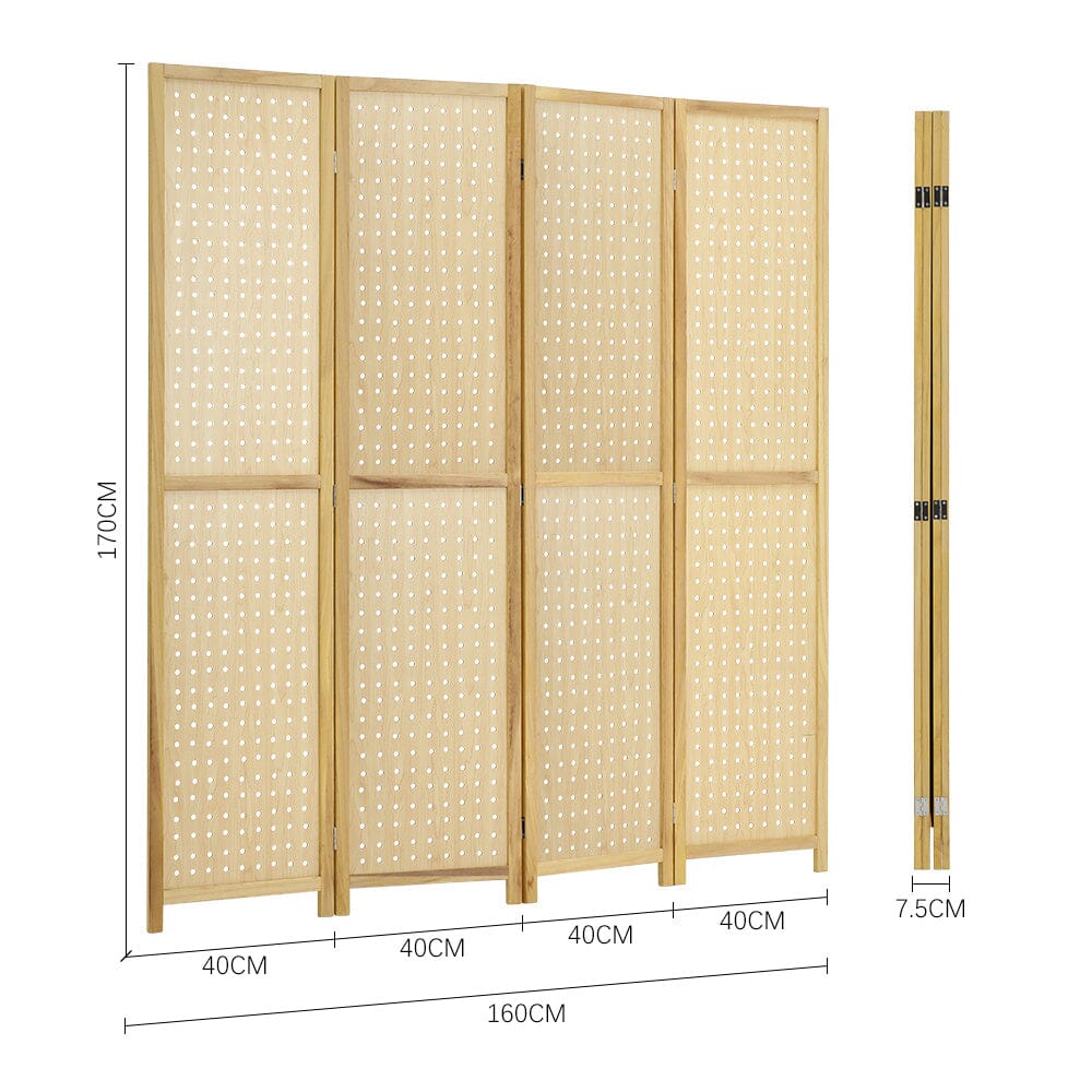 Natural Wood Round-Hole Screen with Four Panels in Paulownia Wood Living and Home