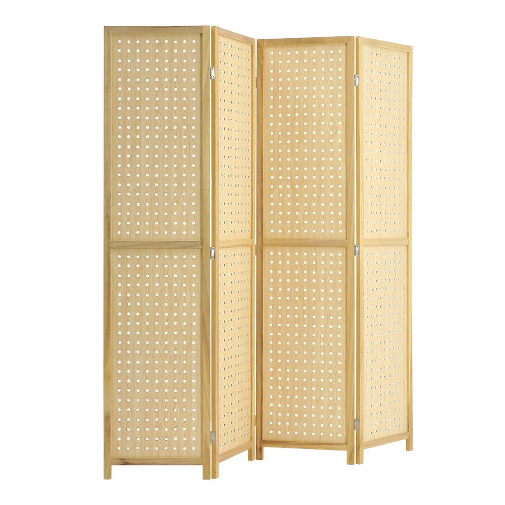 Natural Wood Round-Hole Screen with Four Panels in Paulownia Wood Living and Home