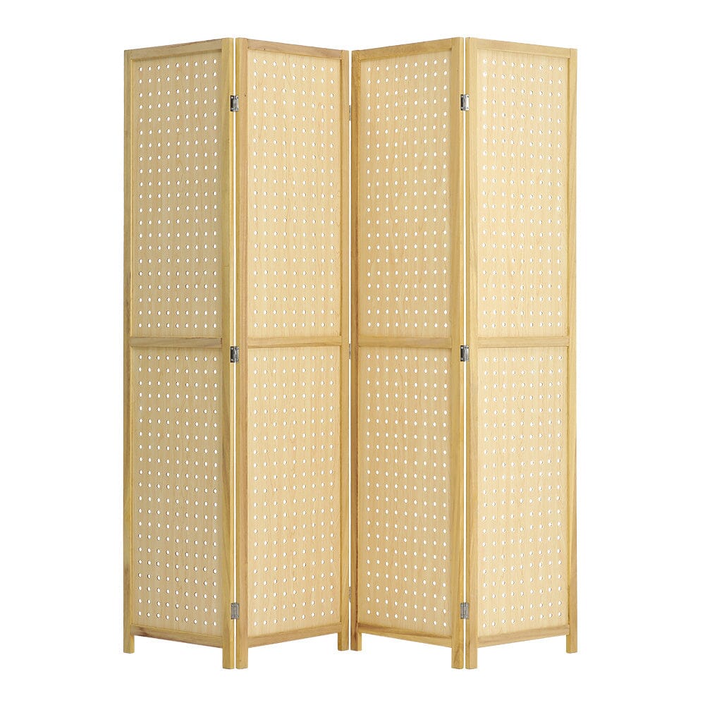 Natural Wood Round-Hole Screen with Four Panels in Paulownia Wood Living and Home