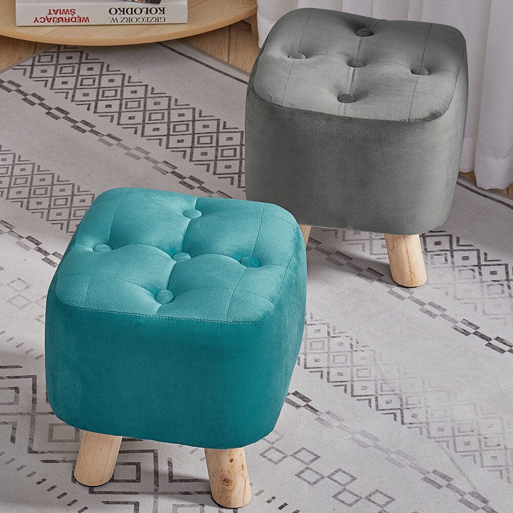 Tufted Velvet Square Footstool with Wooden Legs Living and Home