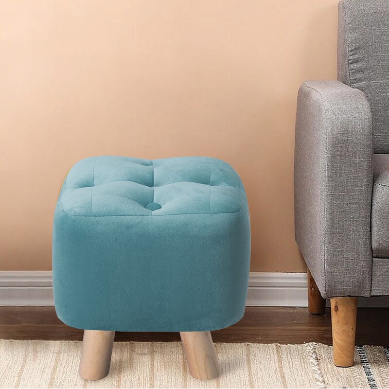 Tufted Velvet Square Footstool with Wooden Legs Living and Home
