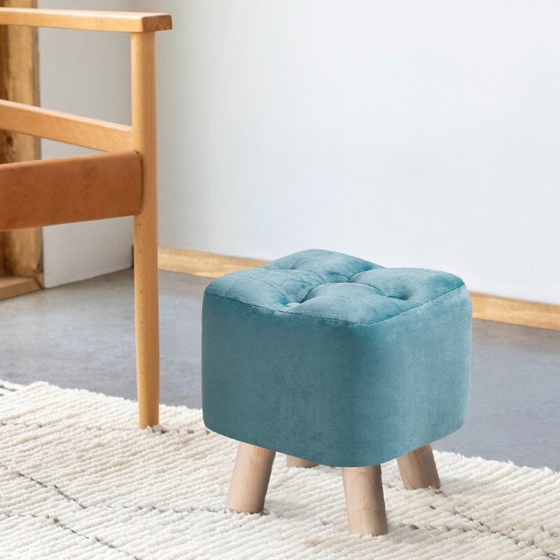 Tufted Velvet Square Footstool with Wooden Legs Living and Home