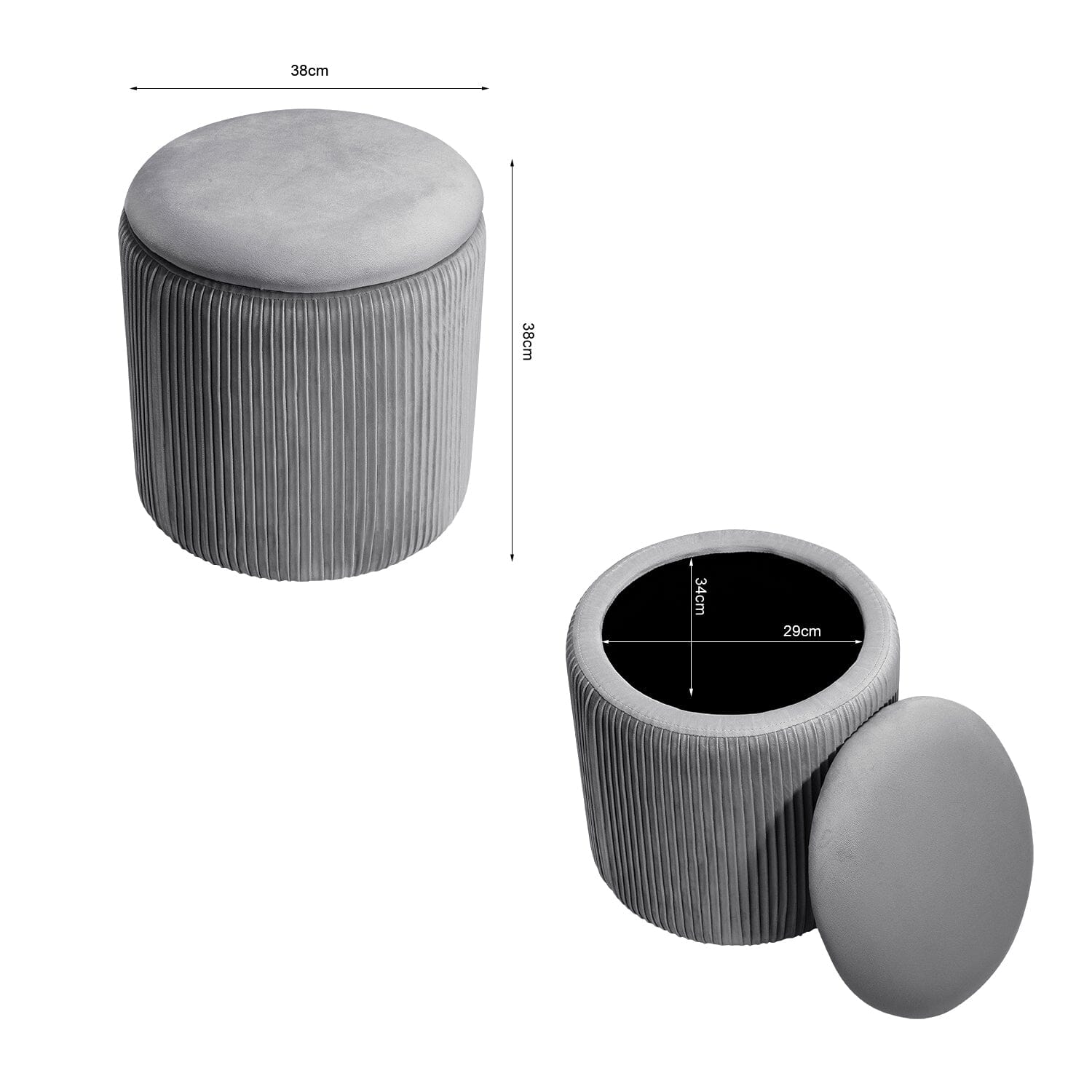 Dia. 38cm Round Ruched Velvet Padded Seat Ottoman Storage Footstool Lift-Off Lid Storage Footstools & Benches Living and Home