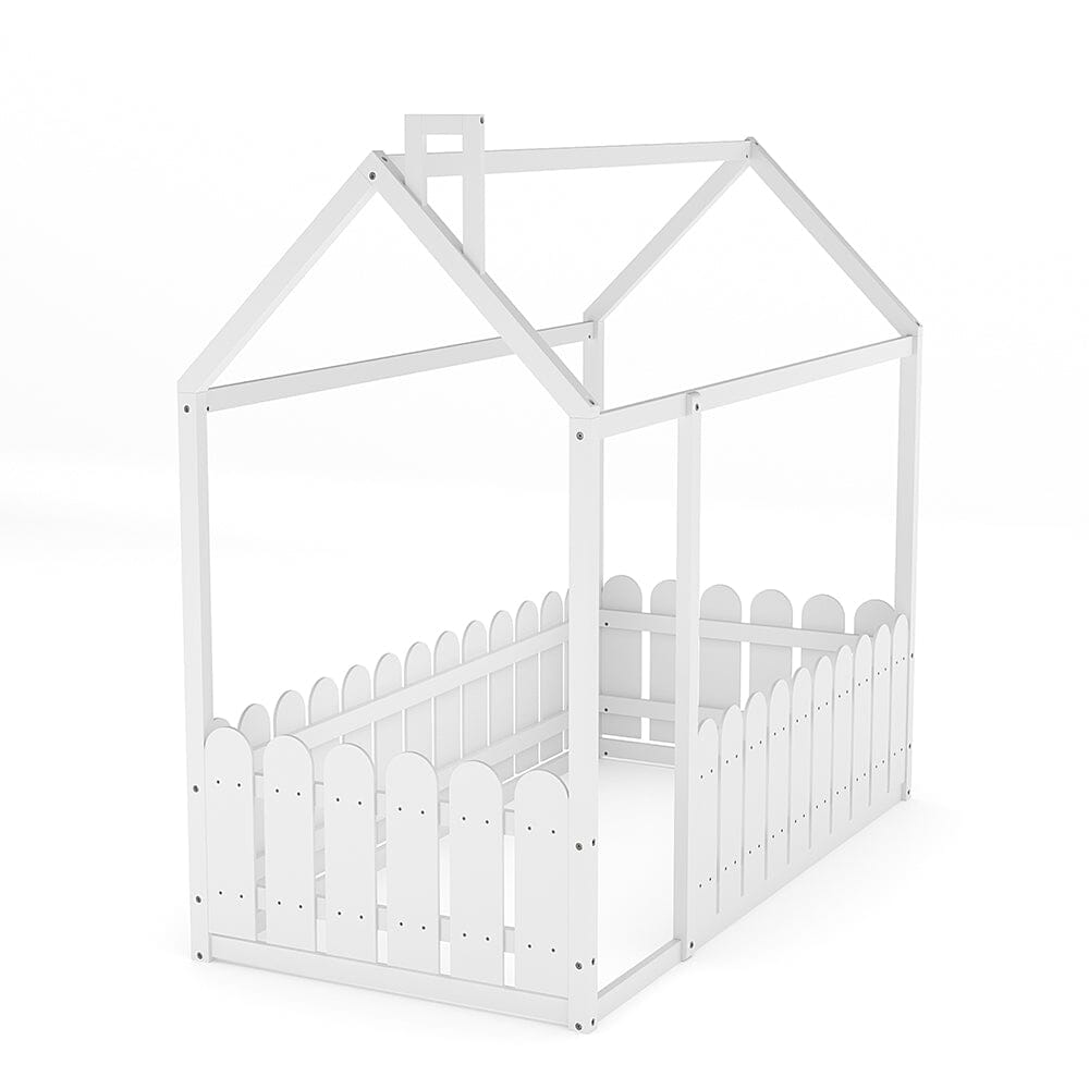 Solid Wooden House Bed Frame Low Toddler Bed with Fence and Roof Bed Frames Living and Home