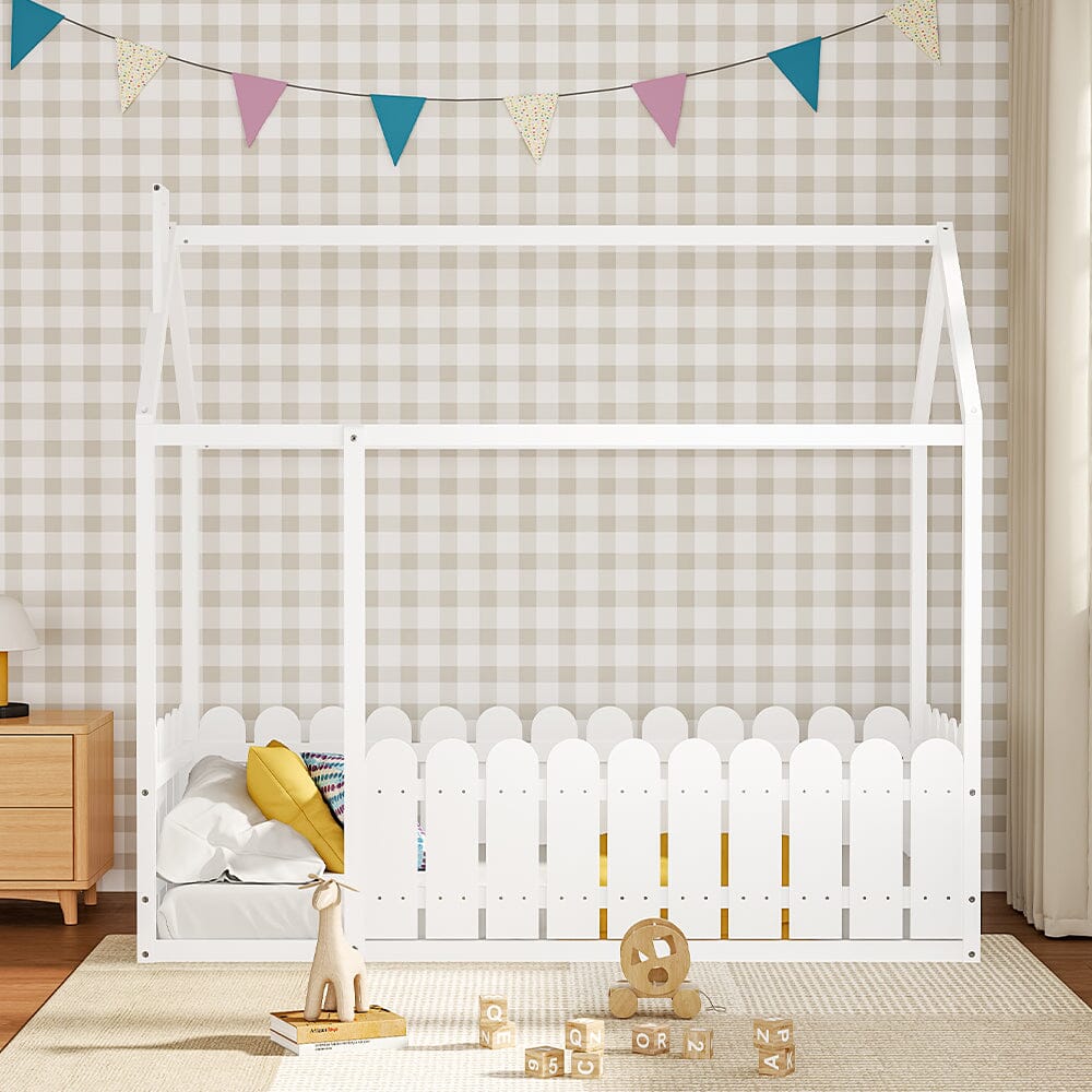Solid Wooden House Bed Frame Low Toddler Bed with Fence and Roof Bed Frames Living and Home
