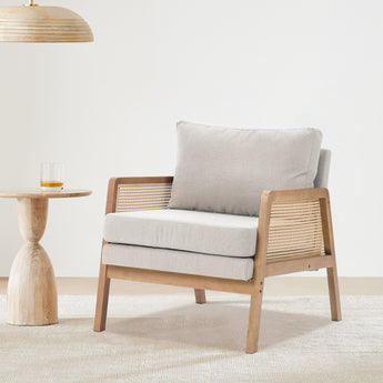 Linen Upholstered Woven Rattan Armchair with Seat Cushion