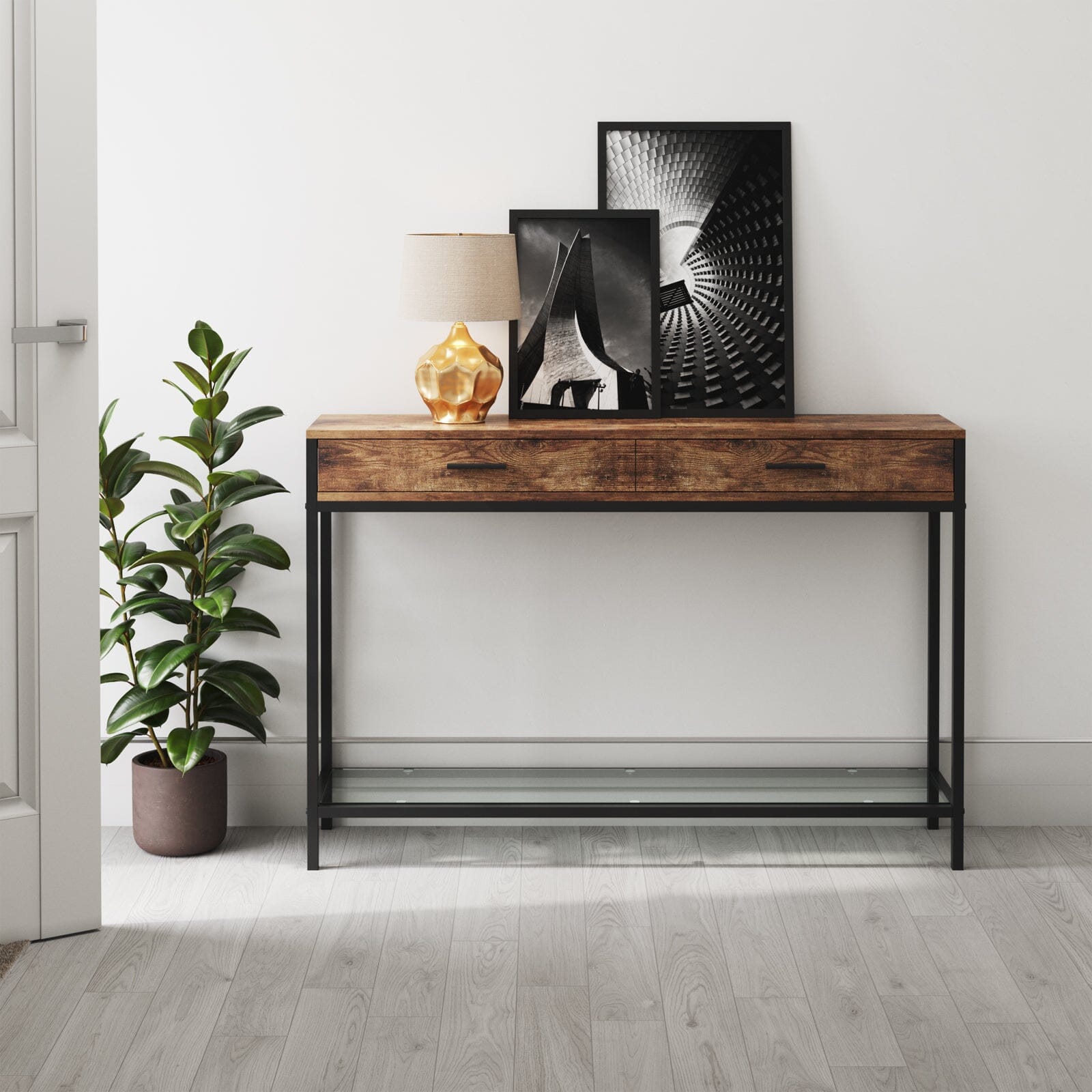2 Drawers Console Table Storage Stand with Glass Shelf Console Tables Living and Home
