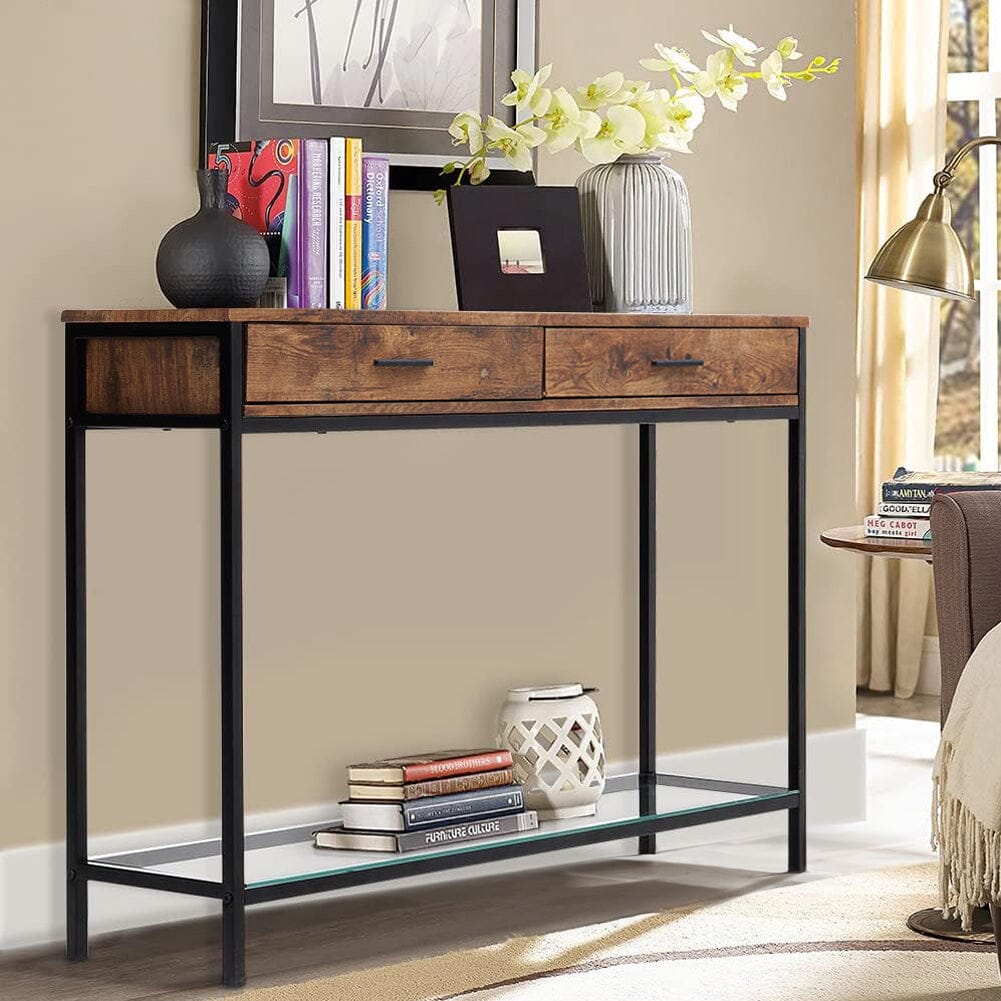 2 Drawers Console Table Storage Stand with Glass Shelf Console Tables Living and Home