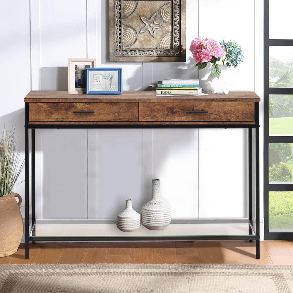 2 Drawers Console Table Storage Stand with Glass Shelf Console Tables Living and Home