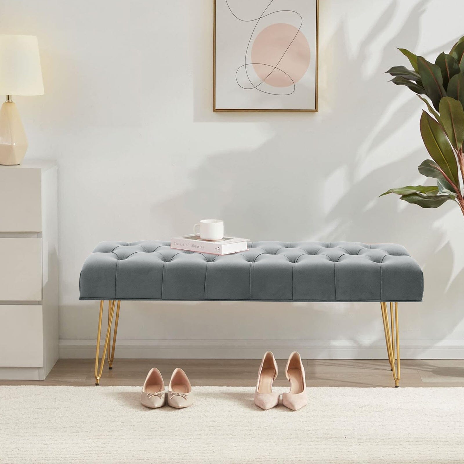 Buttoned Velvet Bench Gold Hairpin Legs Benches Living and Home
