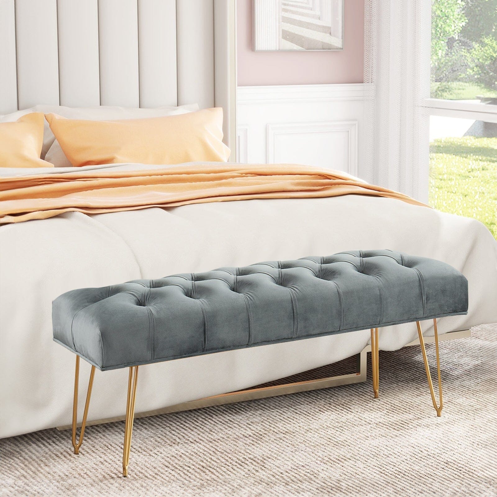 Buttoned Velvet Bench Gold Hairpin Legs Benches Living and Home