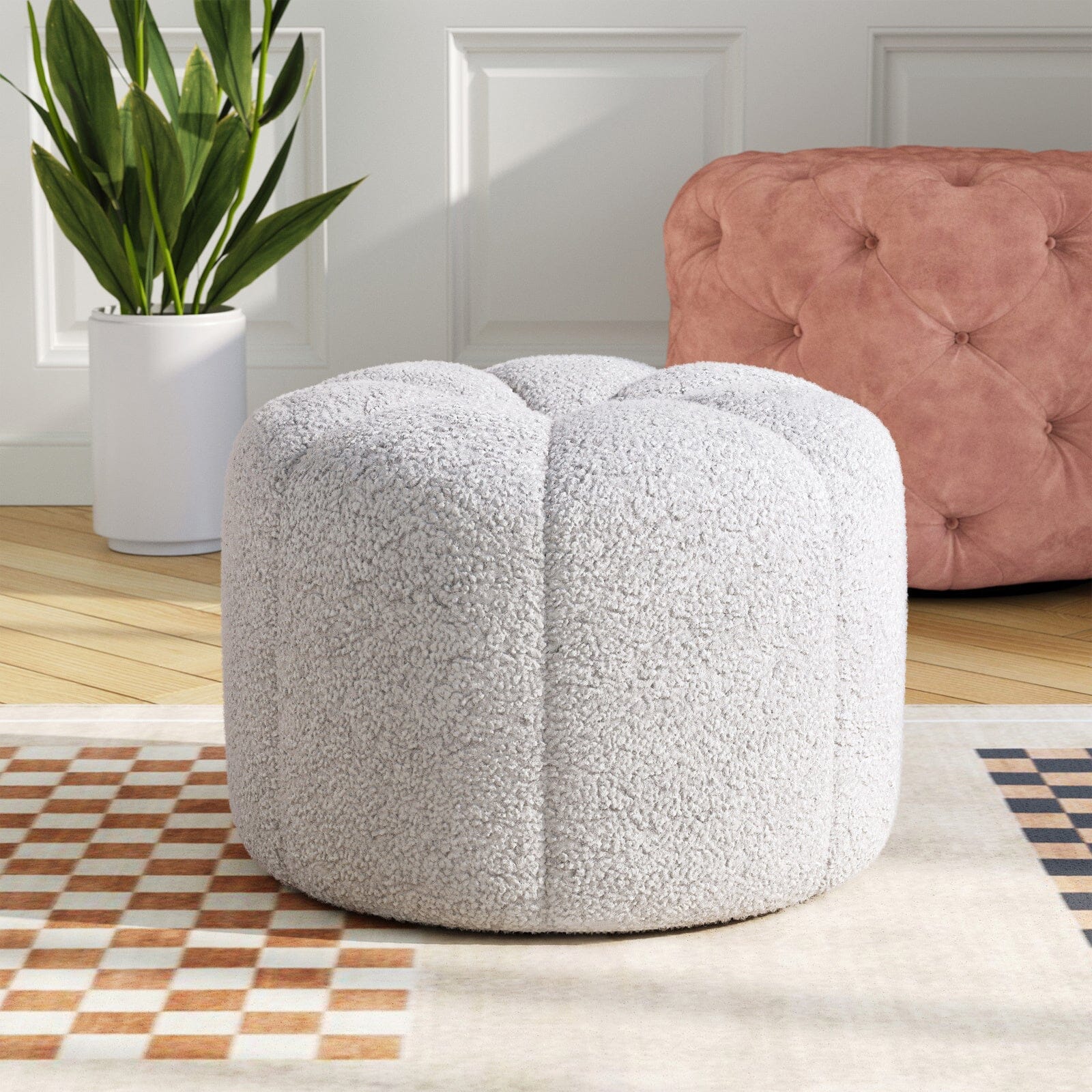 Round Shape Teddy Fabric Footstool Living and Home