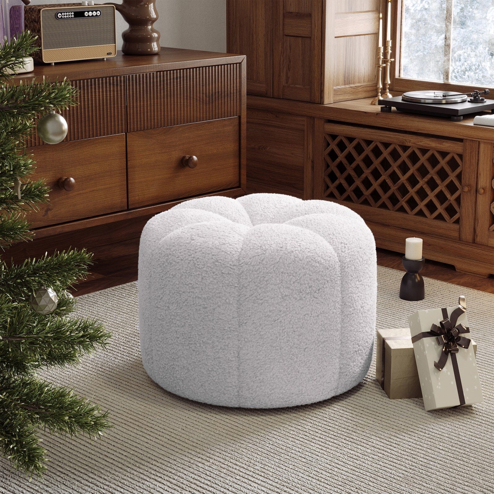 Round Shape Teddy Fabric Footstool Living and Home