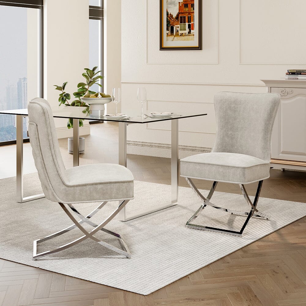 Set of 2 Beige High Back Dining Chairs with velvet Upholstered Dining Chairs Living and Home
