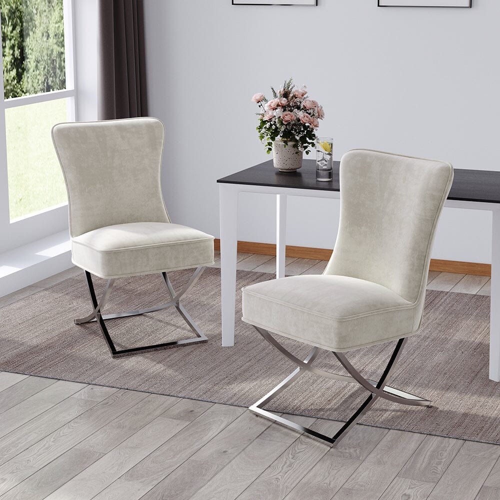 Set of 2 Beige High Back Dining Chairs with velvet Upholstered Dining Chairs Living and Home