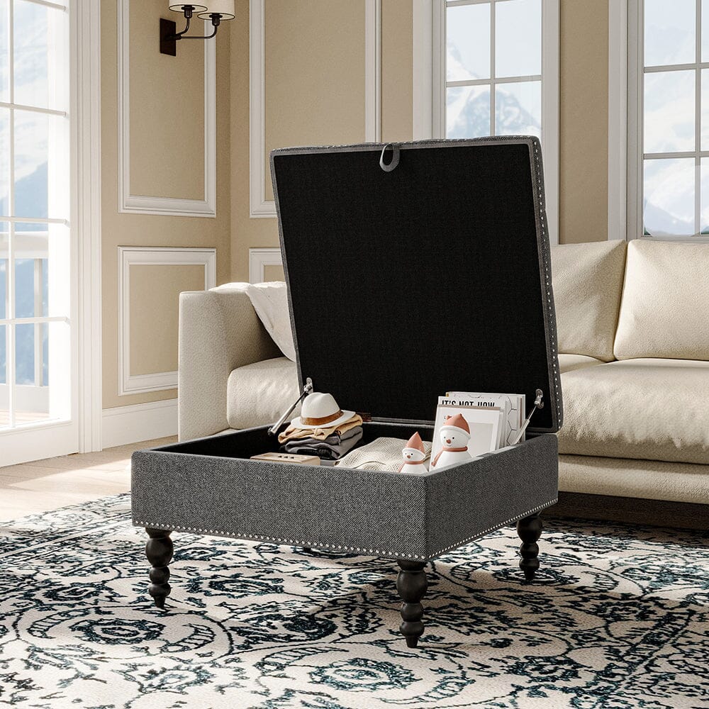 Square Linen Tufted Upholstered Ottoman with Storage Storage Footstools & Benches Living and Home