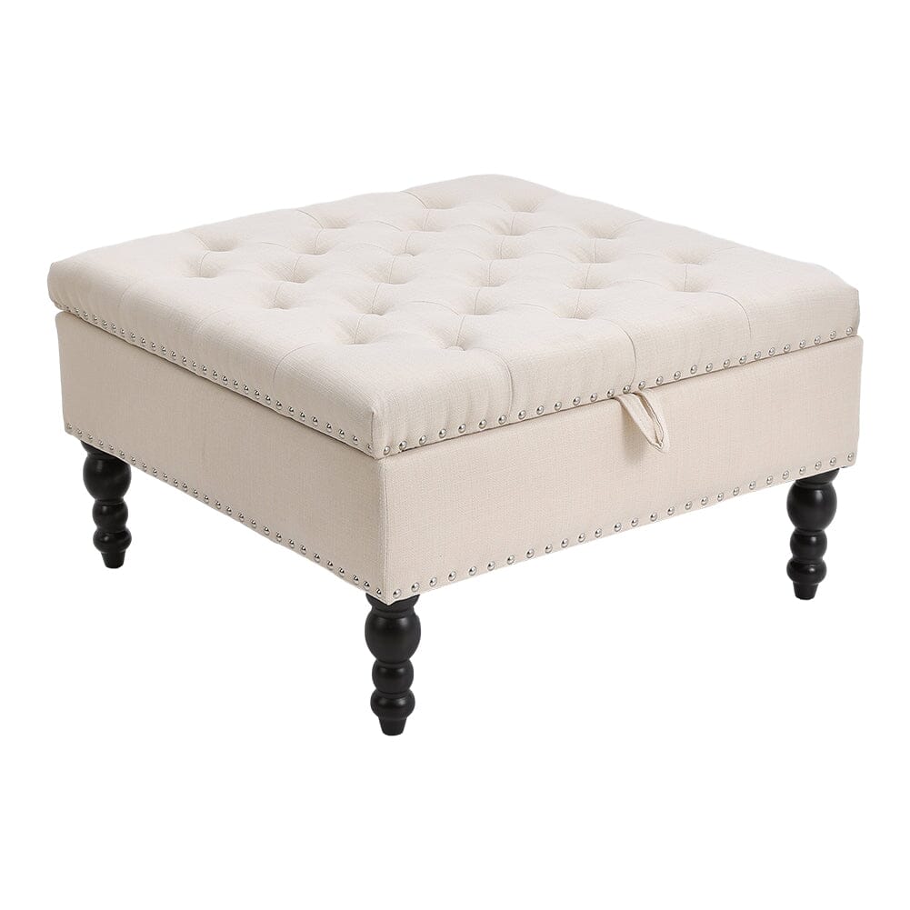 Square Linen Tufted Upholstered Ottoman with Storage Storage Footstools & Benches Living and Home