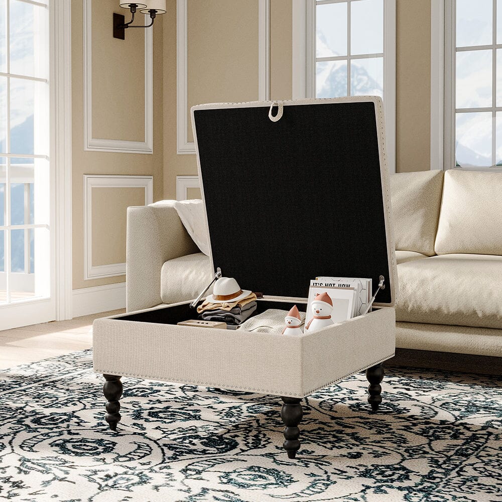 Square Linen Tufted Upholstered Ottoman with Storage Storage Footstools & Benches Living and Home