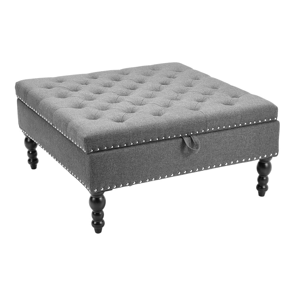 Square Linen Tufted Upholstered Ottoman with Storage Storage Footstools & Benches Living and Home