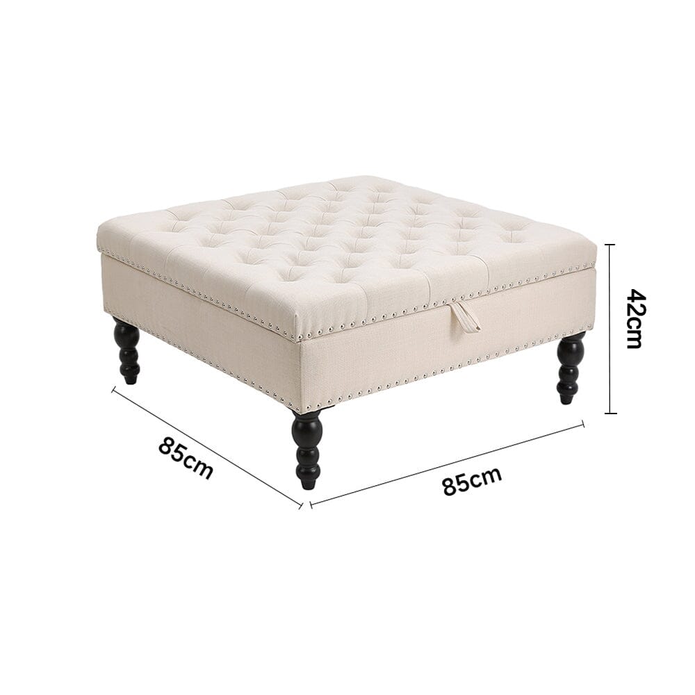 Square Linen Tufted Upholstered Ottoman with Storage Storage Footstools & Benches Living and Home