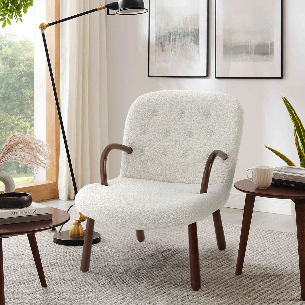 Modern White Lamb Wool Armchair with Ottoman Set Lounge Chair with Footstool Lounge Chairs Living and Home