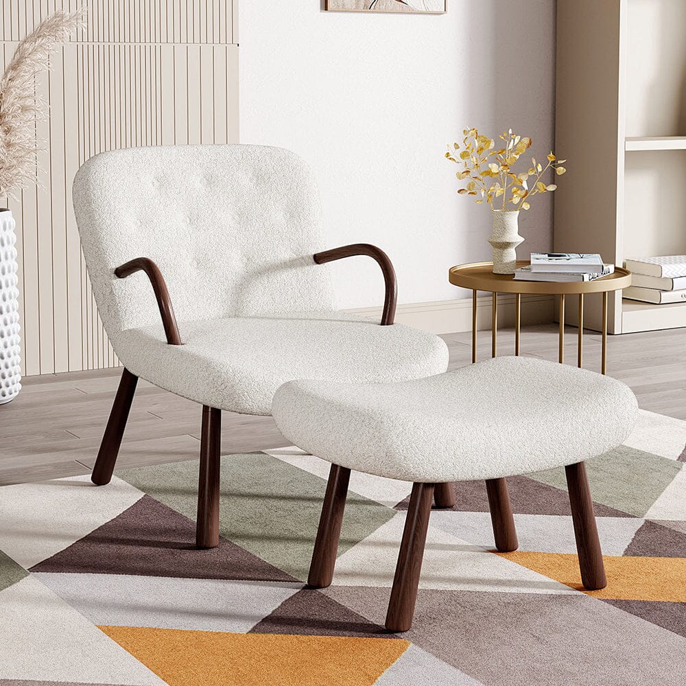Modern White Lamb Wool Armchair with Ottoman Set Lounge Chair with Footstool Lounge Chairs Living and Home