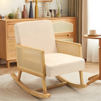 Linen Upholstered Woven Rattan Rocking Chair