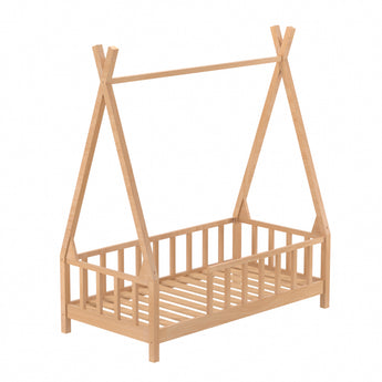 148CM Wide Pine Wood Children Bed with House-Shaped Frame and Fence