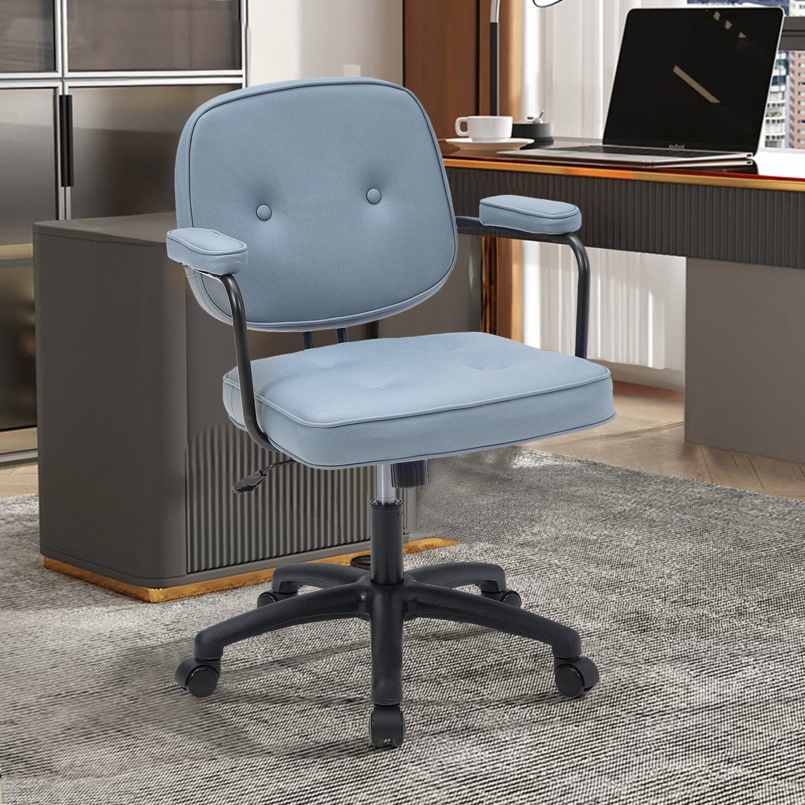 Blue Upholstered Office Chair with Armrests and Rolling Wheels Living and Home