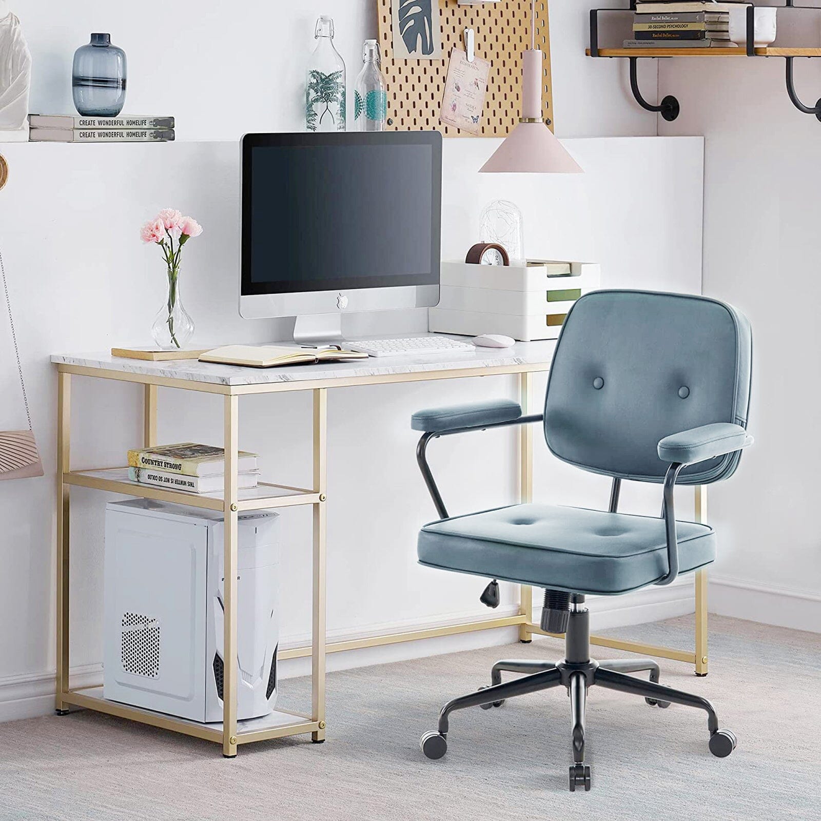 Blue Upholstered Office Chair with Armrests and Rolling Wheels Living and Home