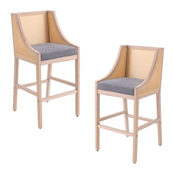 Wooden Rattan Bar Stools with Backrest Set of 2