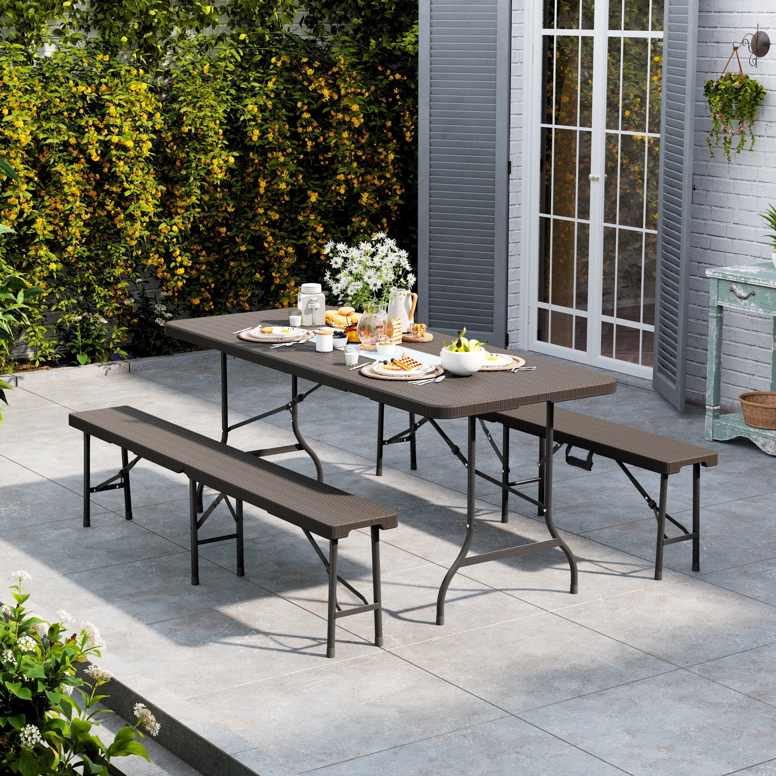 3-Piece Rattan Plastic Outdoor Folding Table Bench Set Garden Dining Sets Living and Home