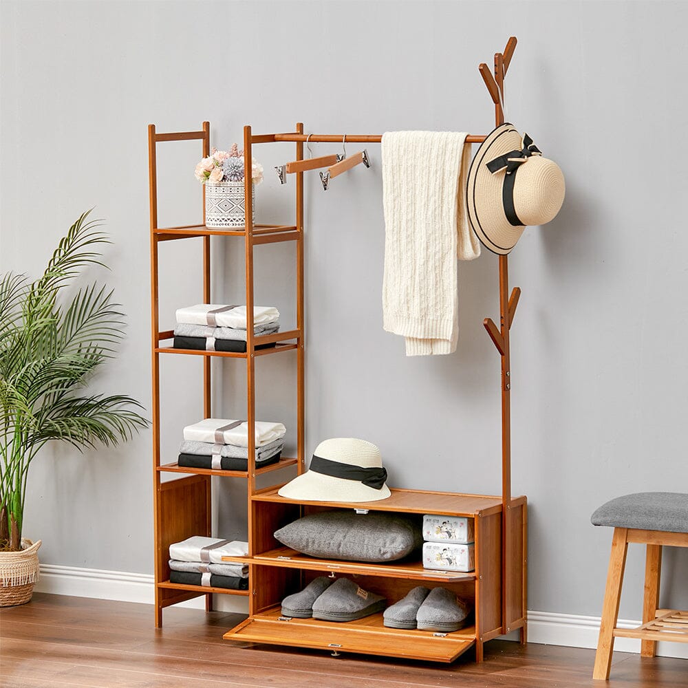 Freestanding Bamboo Clothes Rack with Storage Shelves Living and Home