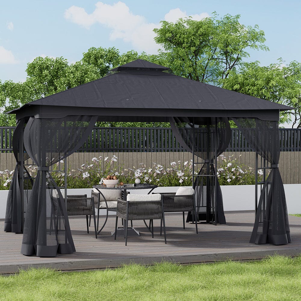 Premium Iron Outdoor Pergola with Sheer Charcoal Gray Screens Living and Home