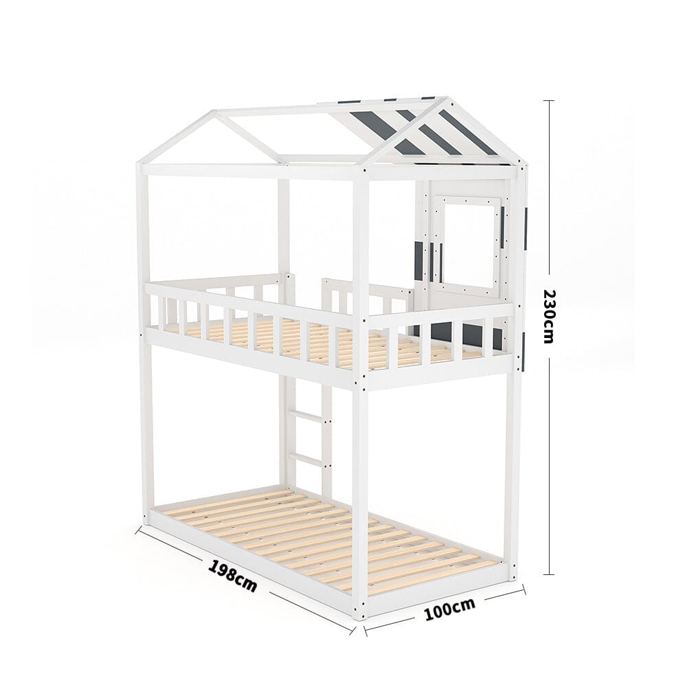 Modern Twin Bunk Bed Slatted Board House Shaped Living and Home