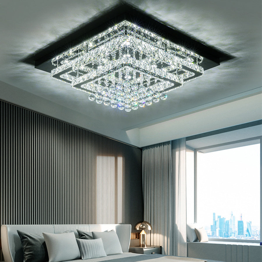Double Layer Chrome Finished Square LED Ceiling Light with Luxury Crystal Ball Drops Ceiling Light Fixtures Living and Home