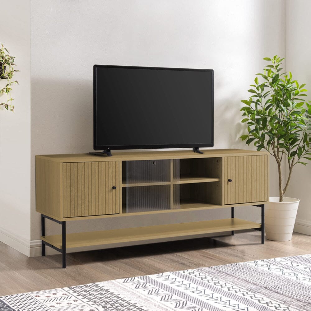 Wooden TV Cabinet with Open Shelving and Metal Legs Living and Home