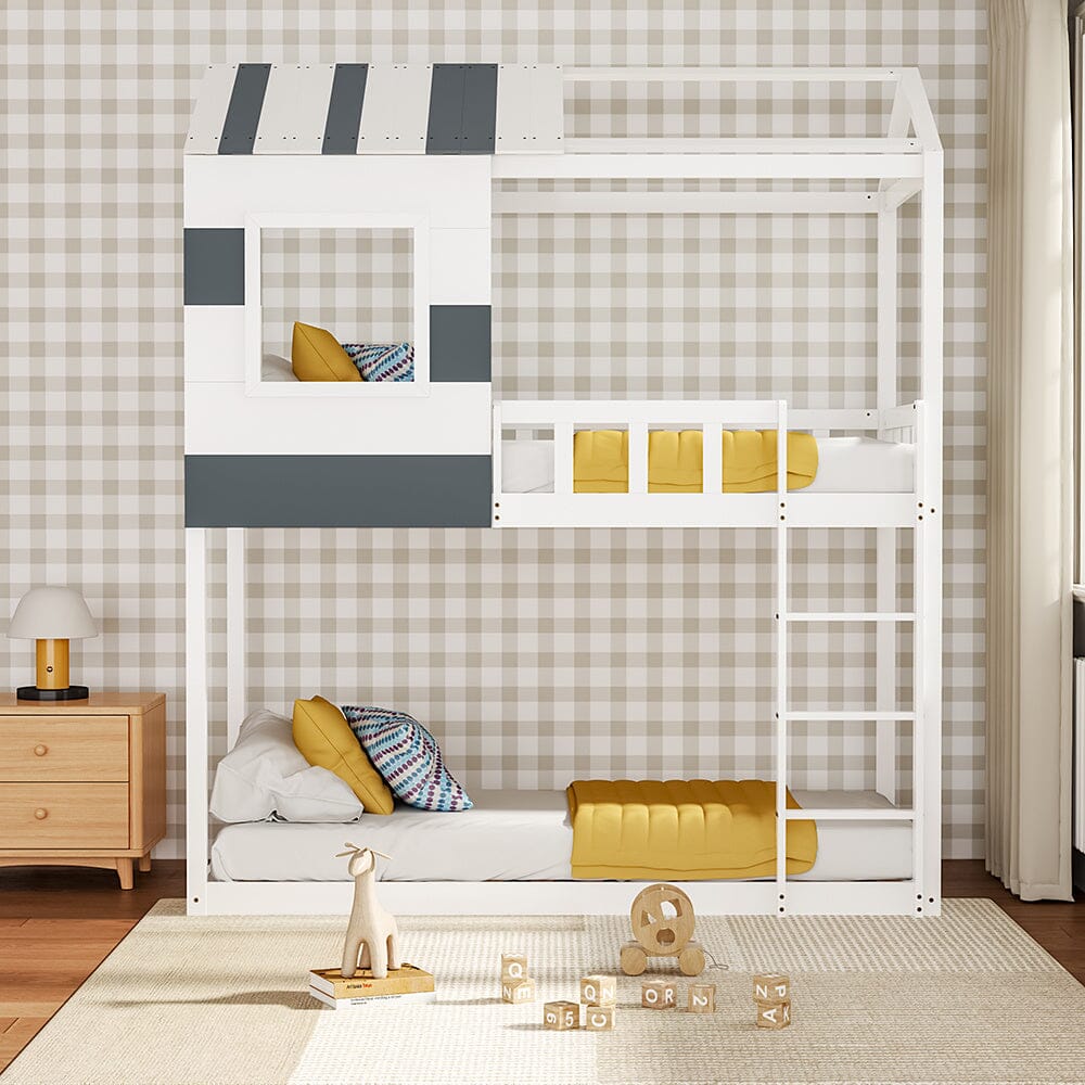 Modern Twin Bunk Bed Slatted Board House Shaped Living and Home