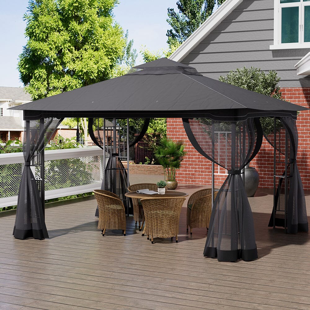 Premium Iron Outdoor Pergola with Sheer Charcoal Gray Screens Living and Home