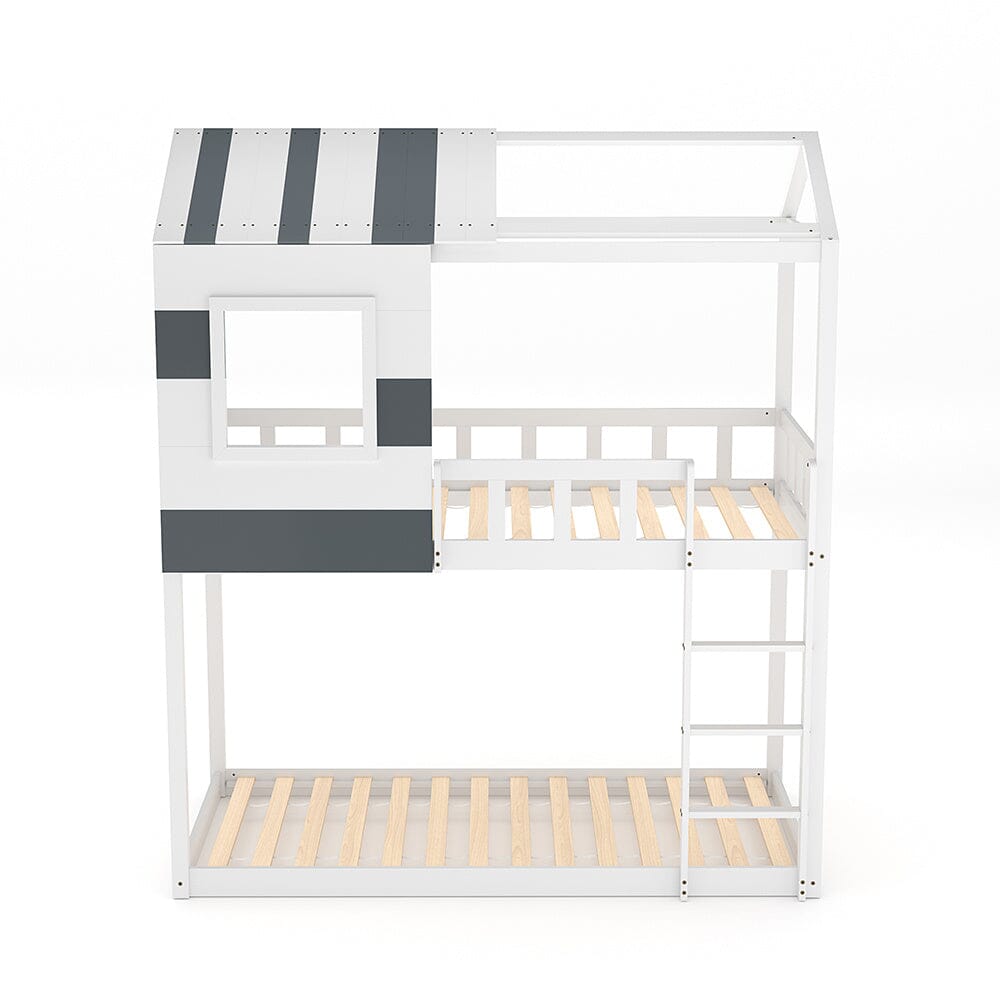 Modern Twin Bunk Bed Slatted Board House Shaped Living and Home