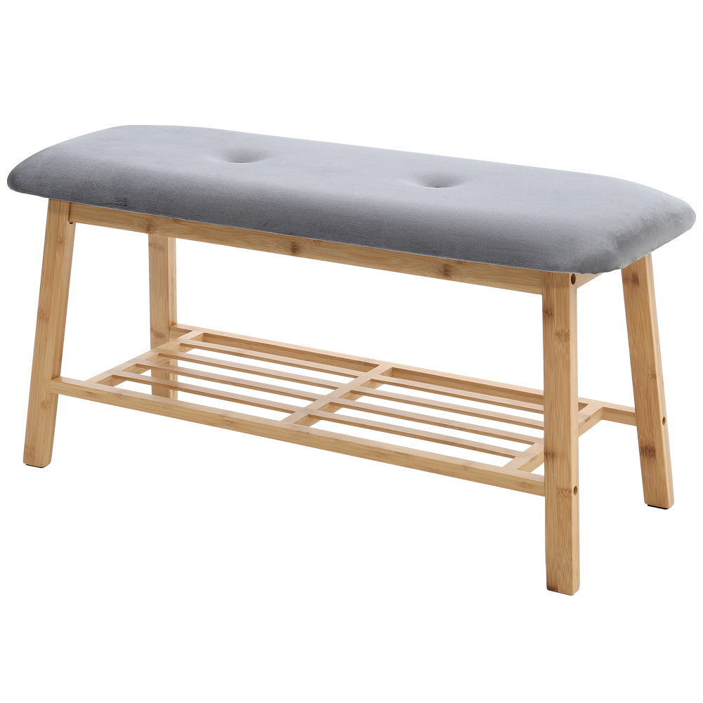 Shoe Bench Bamboo 2 Tier with Shoe Storage Rack Bench Living and Home Grey Velvet