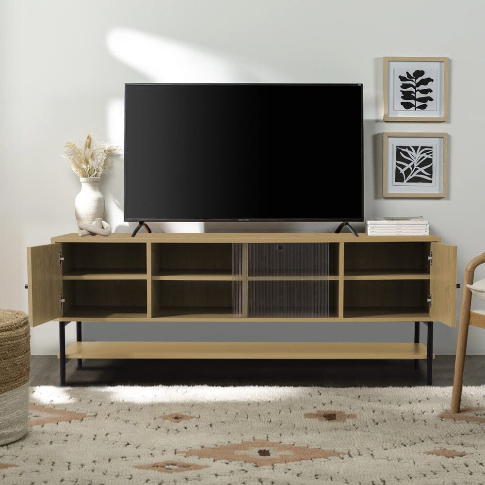 Wooden TV Cabinet with Open Shelving and Metal Legs Living and Home