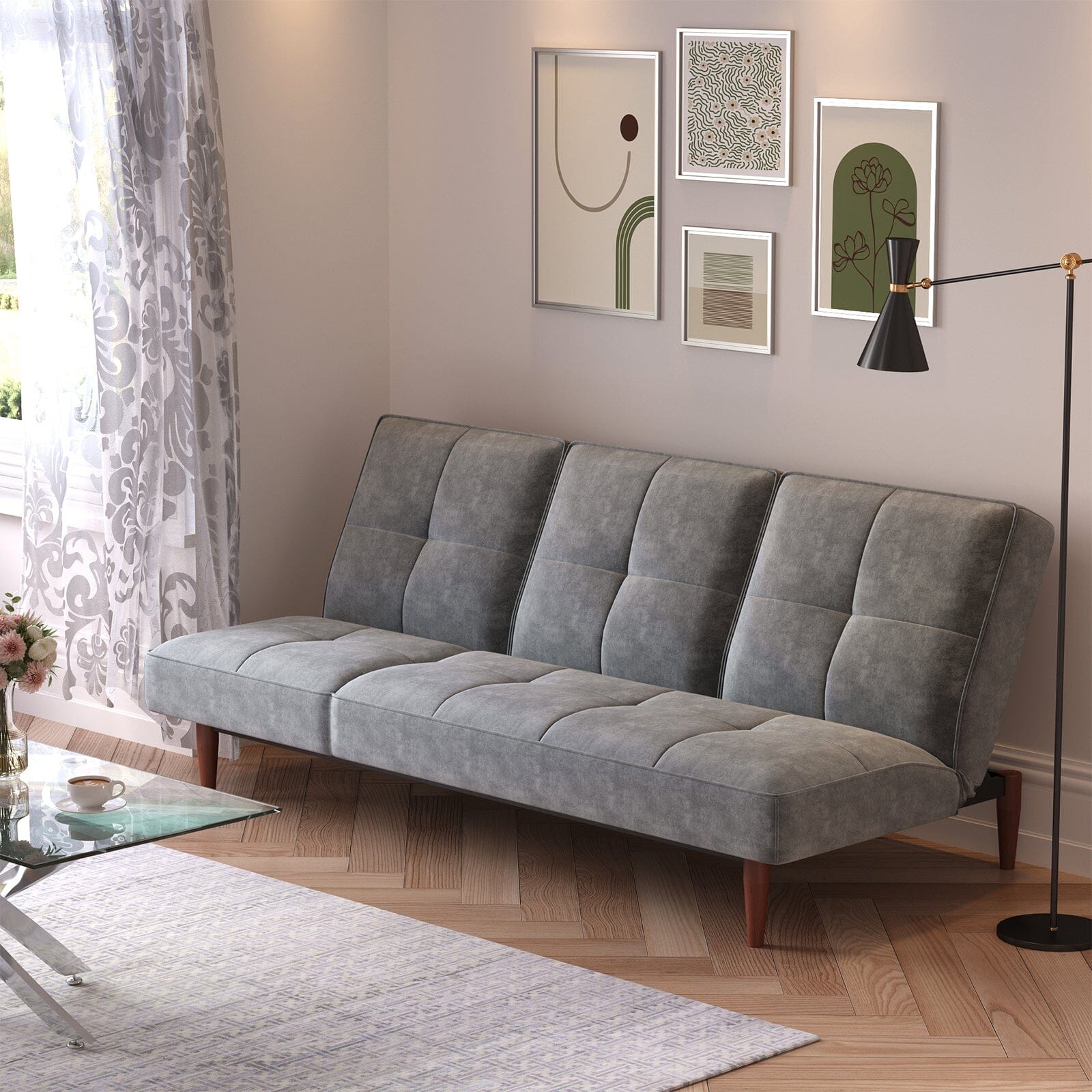 Faux Suede 3 Seater Upholstered Sofa Bed with Wood Legs Living and Home