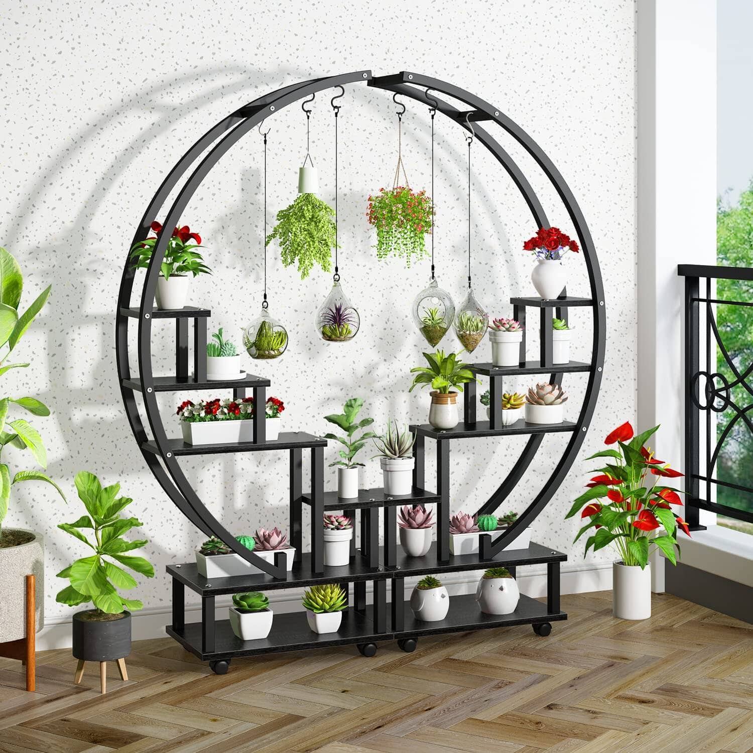 2pcs Half-Moon-Shaped Plant Stand Display Shelf with Wheels Plant Stands & Shelves Living and Home