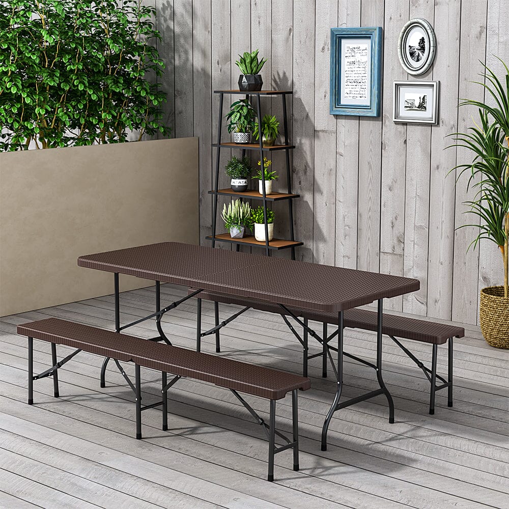 3-Piece Rattan Plastic Outdoor Folding Table Bench Set Garden Dining Sets Living and Home Bench