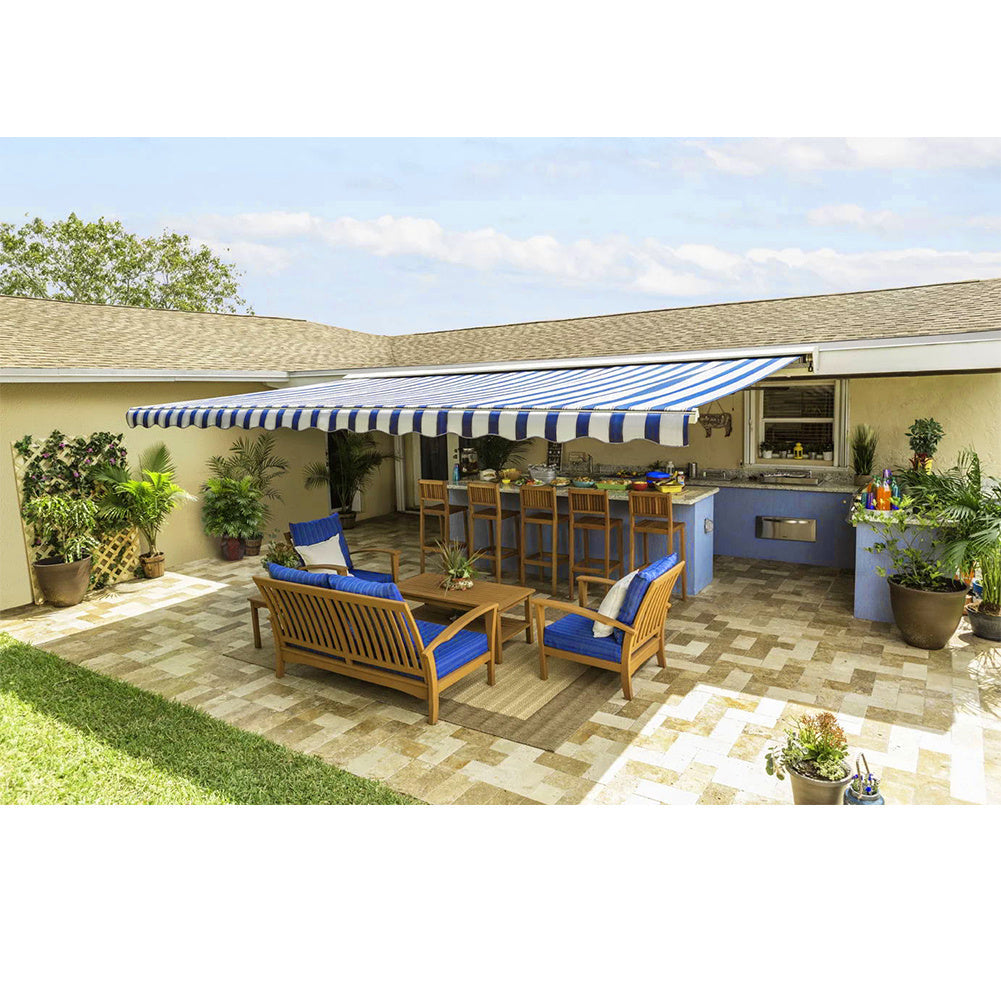 Retractable Patio Awning - Manual Shelter - Blue & White Awnings