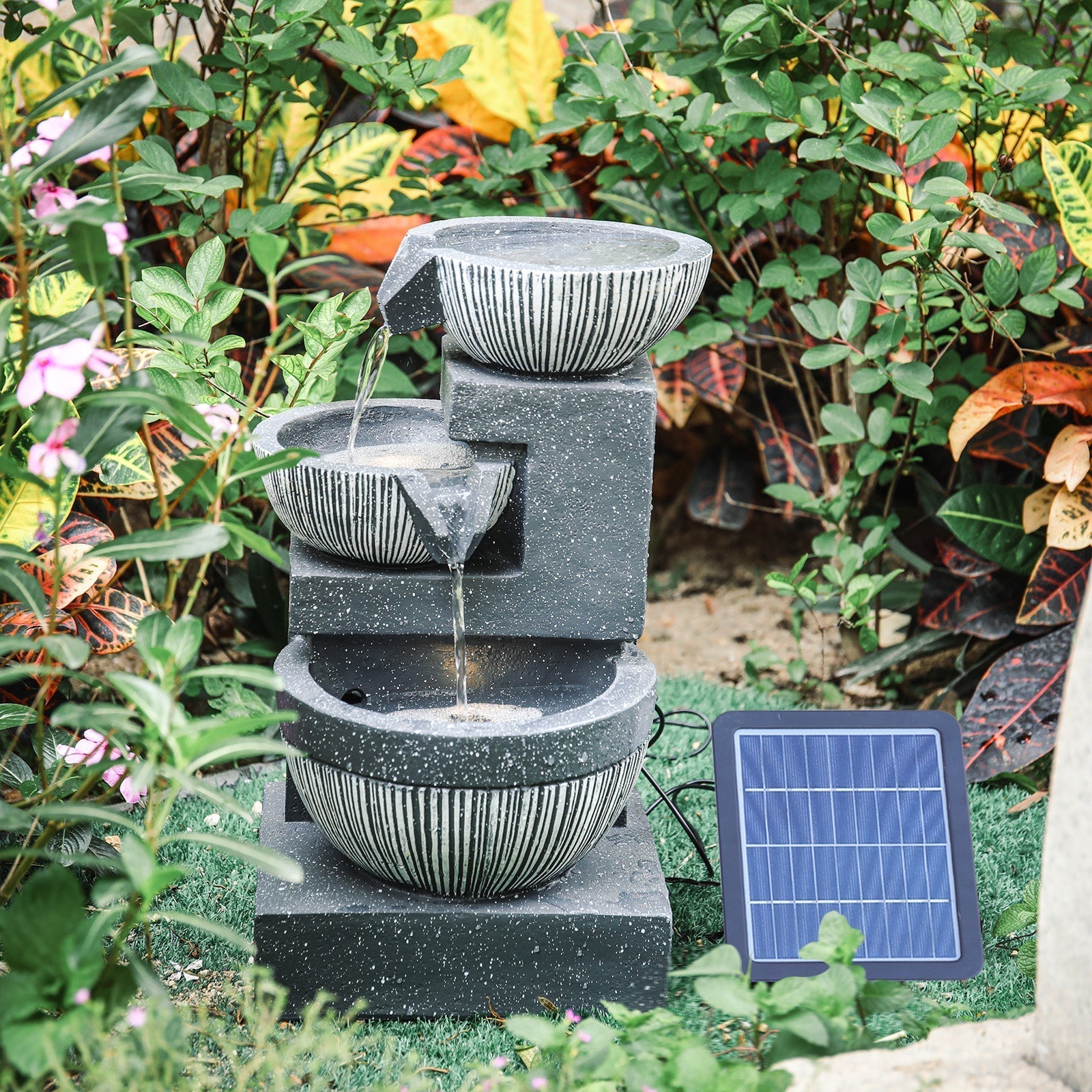 Outdoor Water Fountain Rockery Decoration 3 Tier Bowls Solar Powered Fountains & Waterfalls